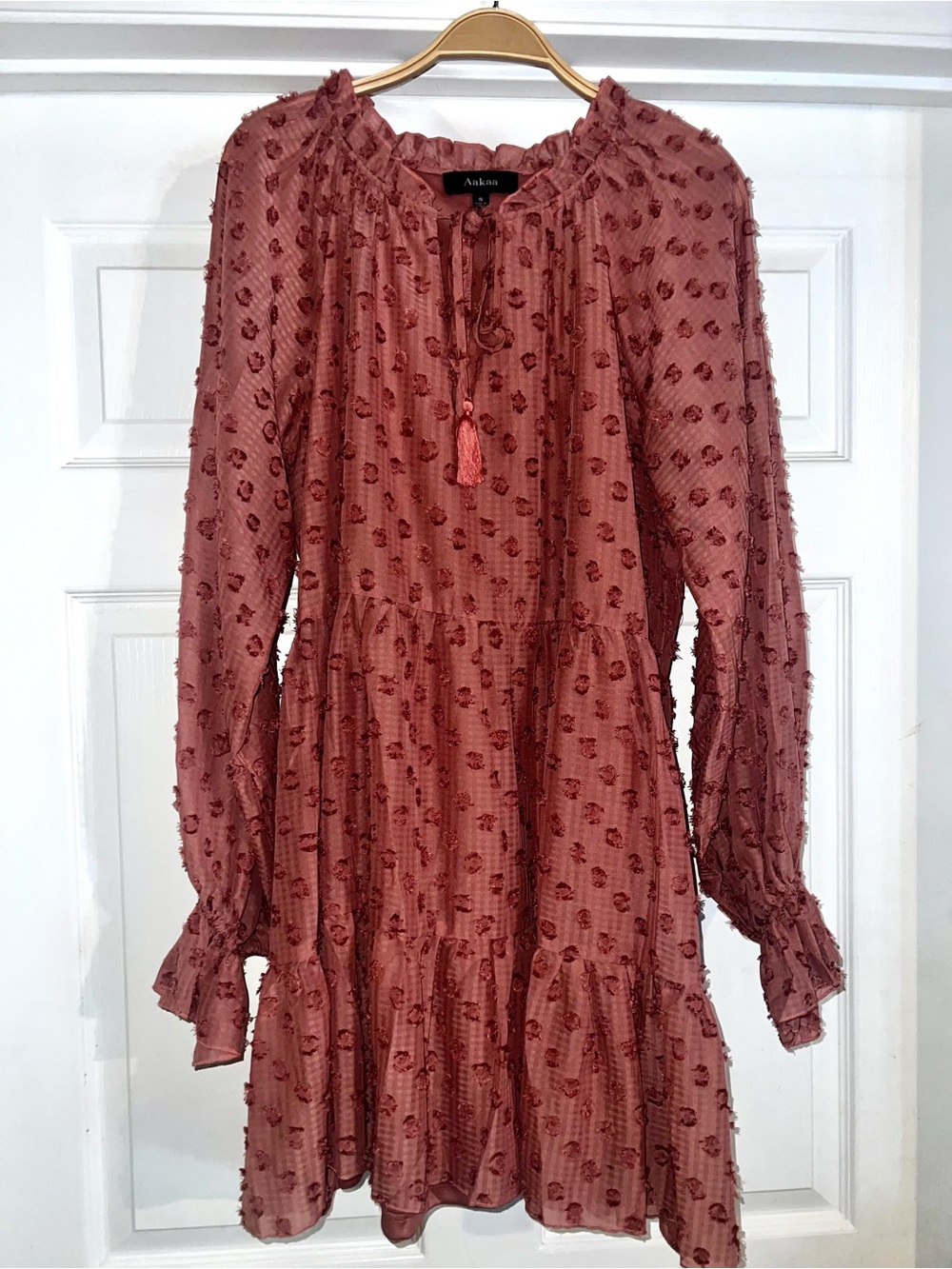 Aakaa Dusty Rose Textured Tassel Tie Blouse